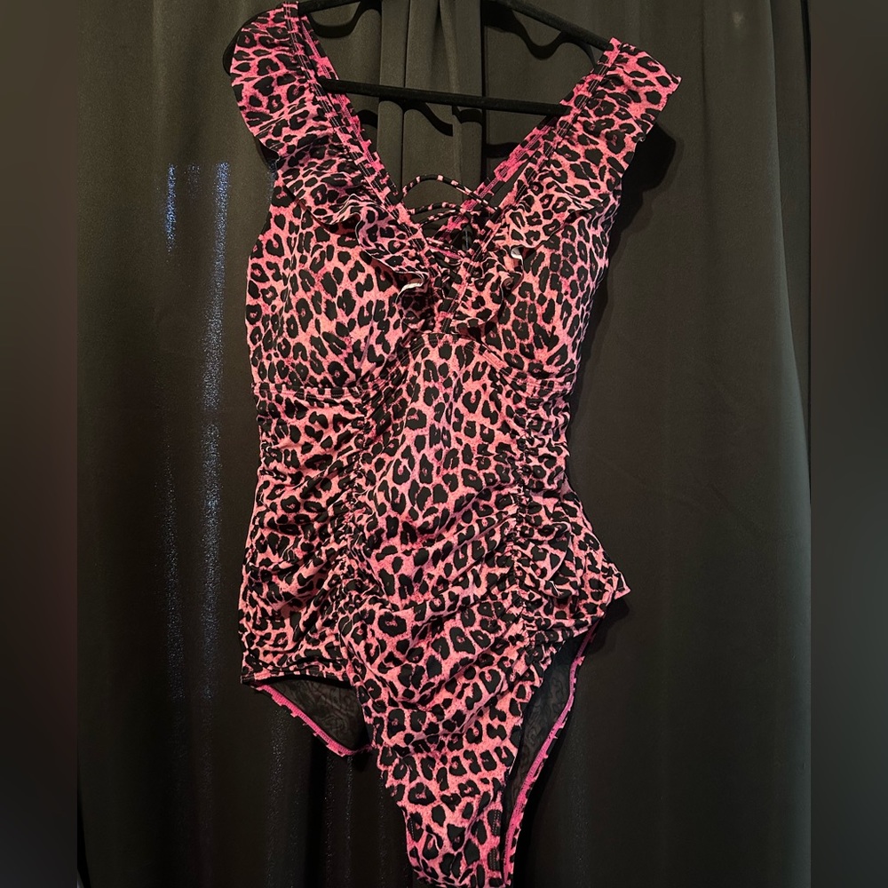 TORRID 2X Pink & Black Leopard Print One Piece with Ruffle and Lattice Detail